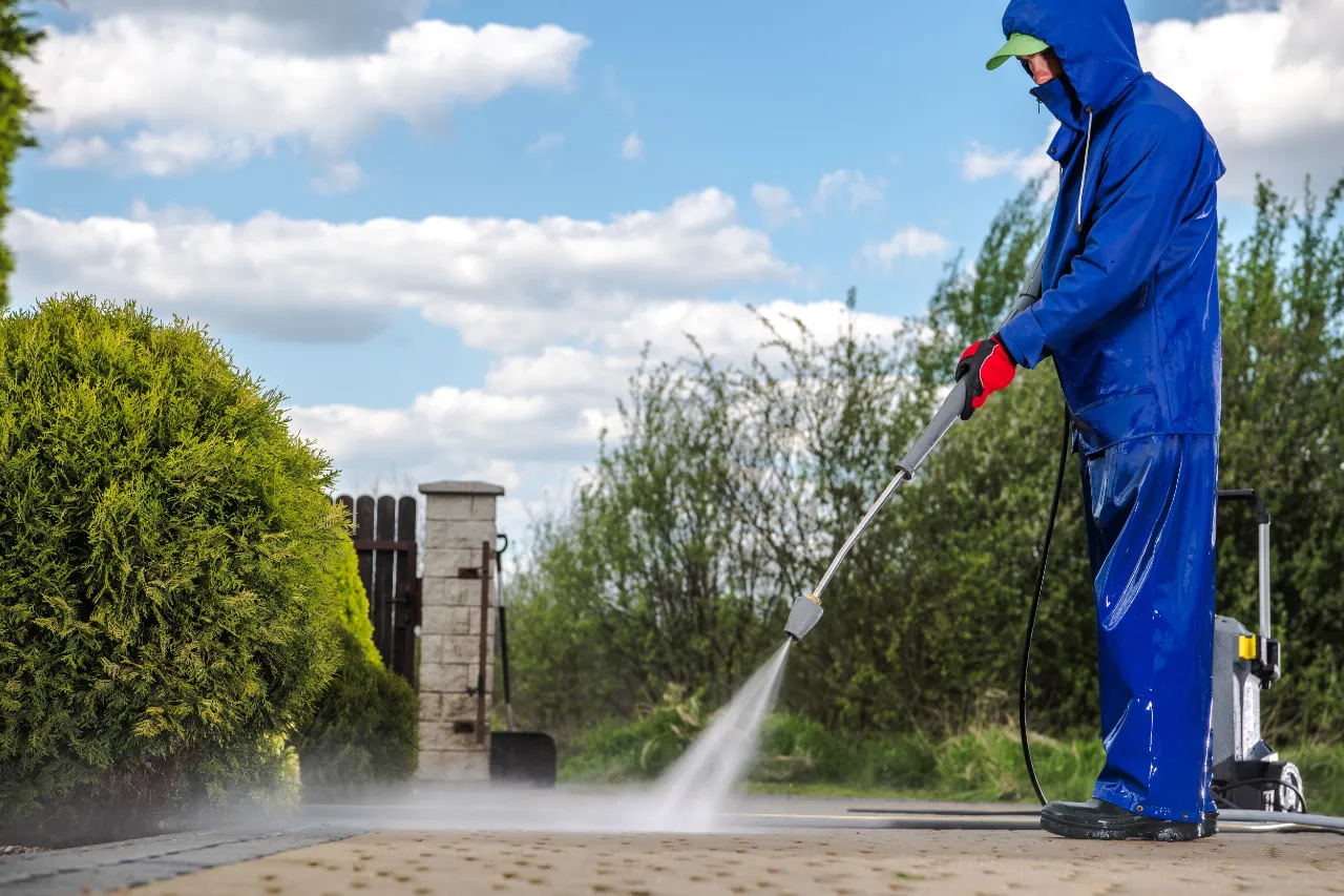 Driveway being cleaned with a pressure washer