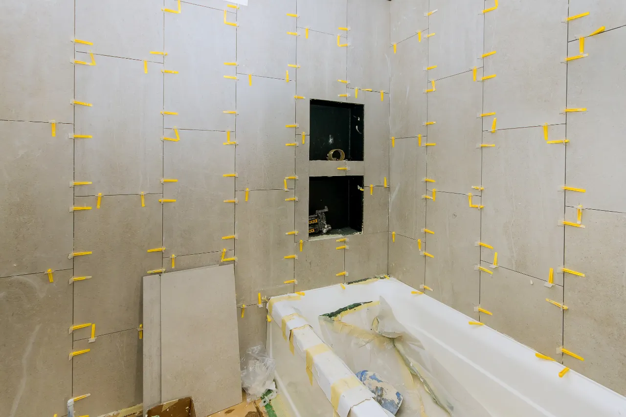 Bathroom under construction with new tile in Middletown, CT