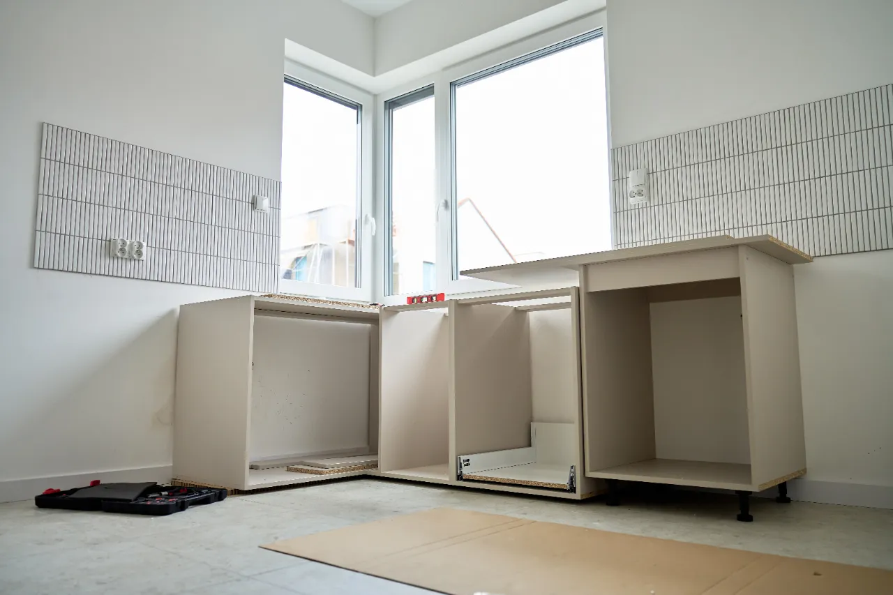 Base cabinets installed during a kitchen remodel
